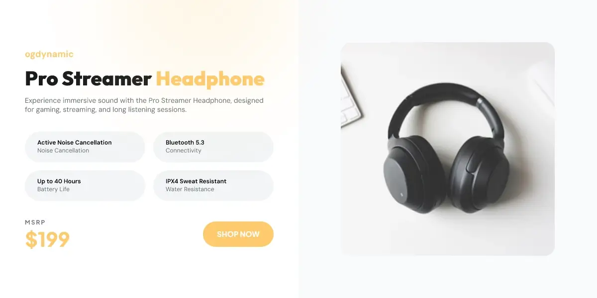 Example ecommerce Open Graph image template with product details and brand styling