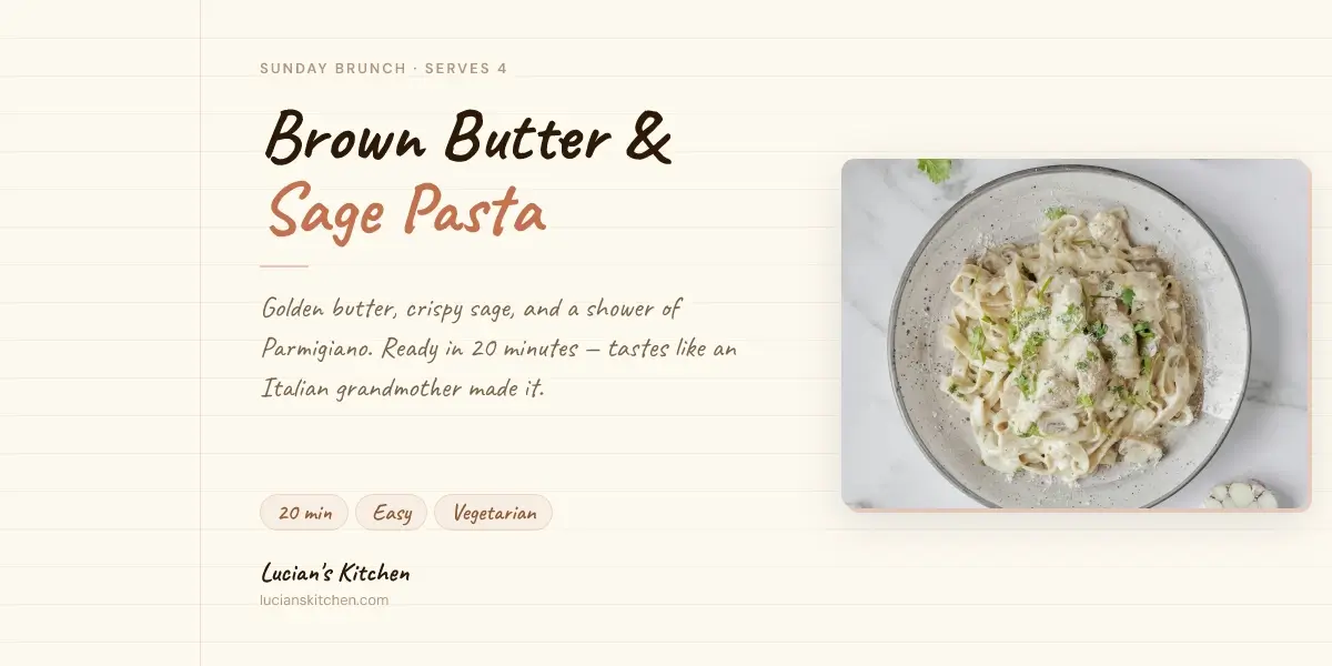 Recipe Note OG image template preview with recipe title, food photo, description, tags, and food blog author details